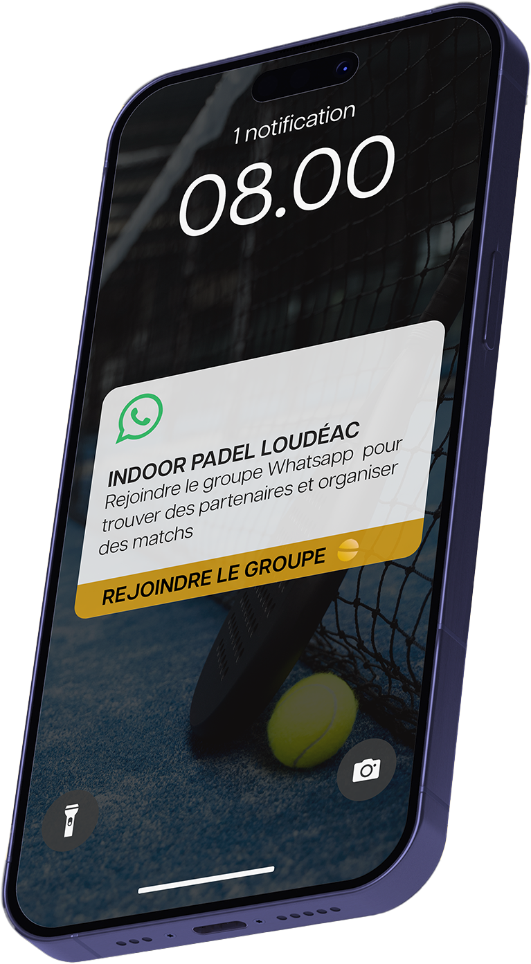 Notification WhatsApp sur smartphone invitant à rejoindre le groupe Indoor Padel Loudéac